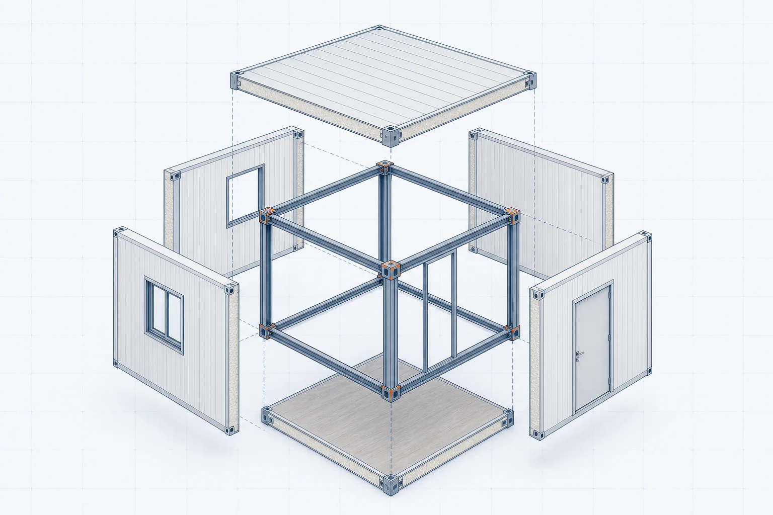 Exploded diagram of a flat pack container house frame and panels