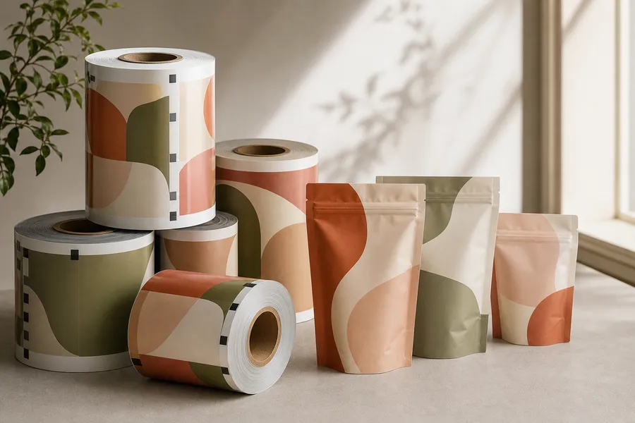 Printed film rolls and stand-up pouches for flexible packaging