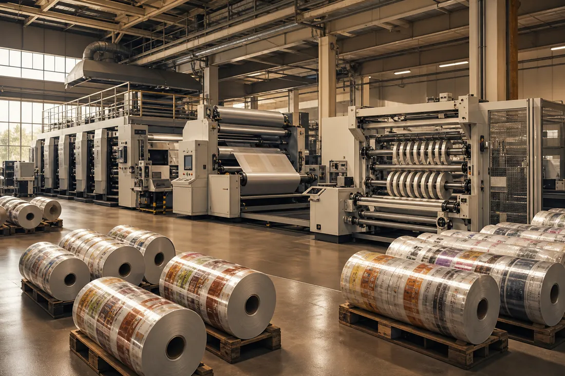 Complete printing and converting line with slit rolls on pallets