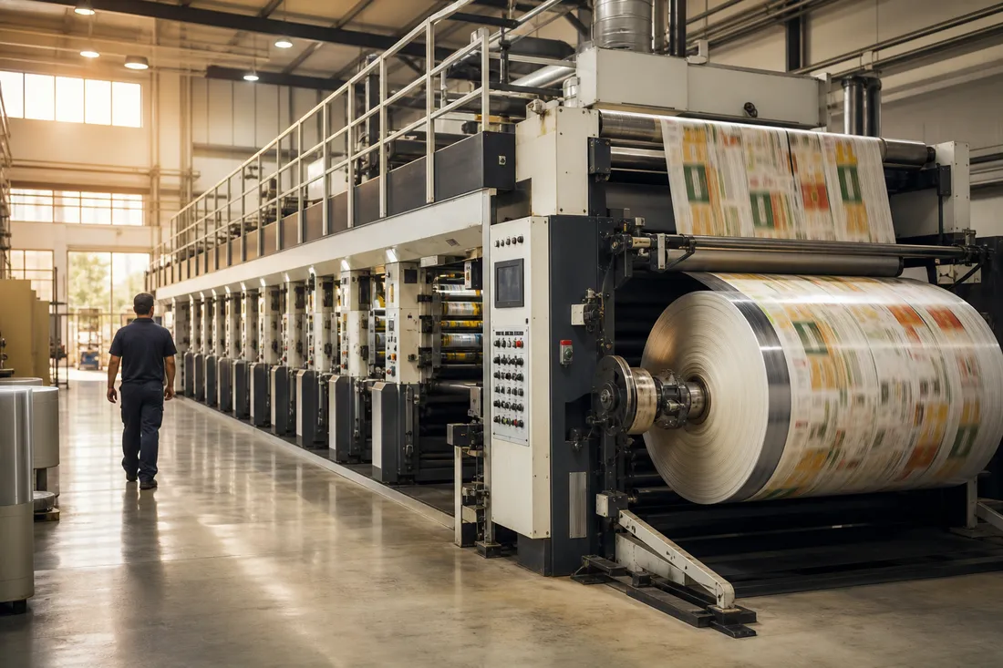 Gravure printing line with large printed film roll at rewind end