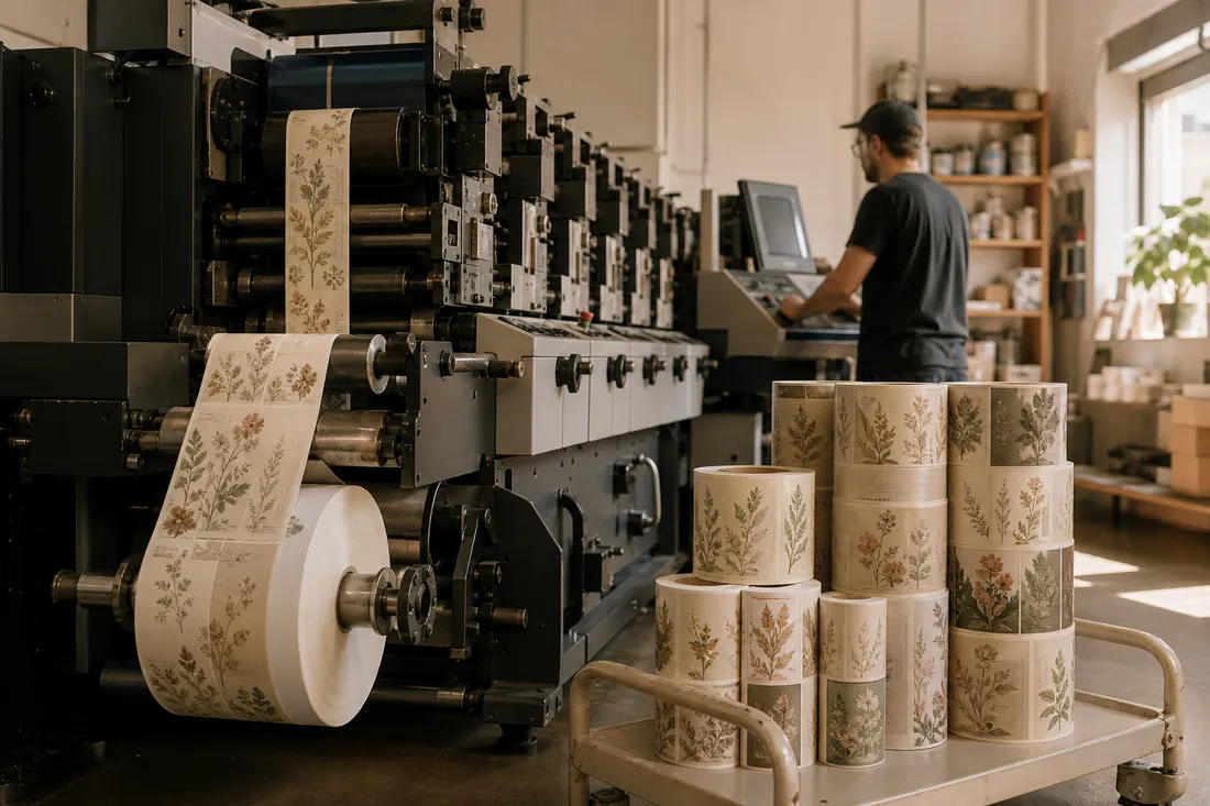Narrow-web label press running botanical label rolls