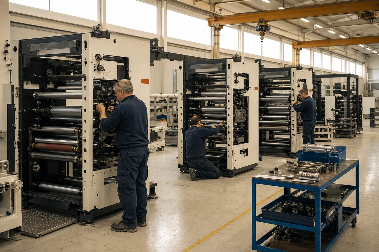 Printing press assembly hall at PRINTFORGE with technicians fitting rollers