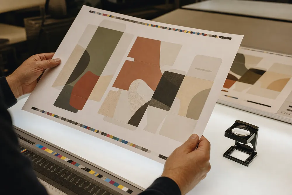Technician checking a printed sheet over a light table