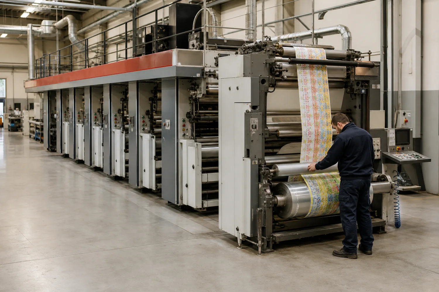 Operator checking printed film on a flexographic press at PRINTFORGE
