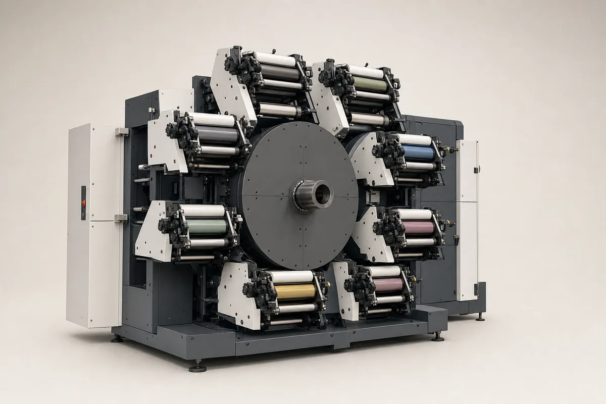Central impression flexographic printing machine with eight color stations
