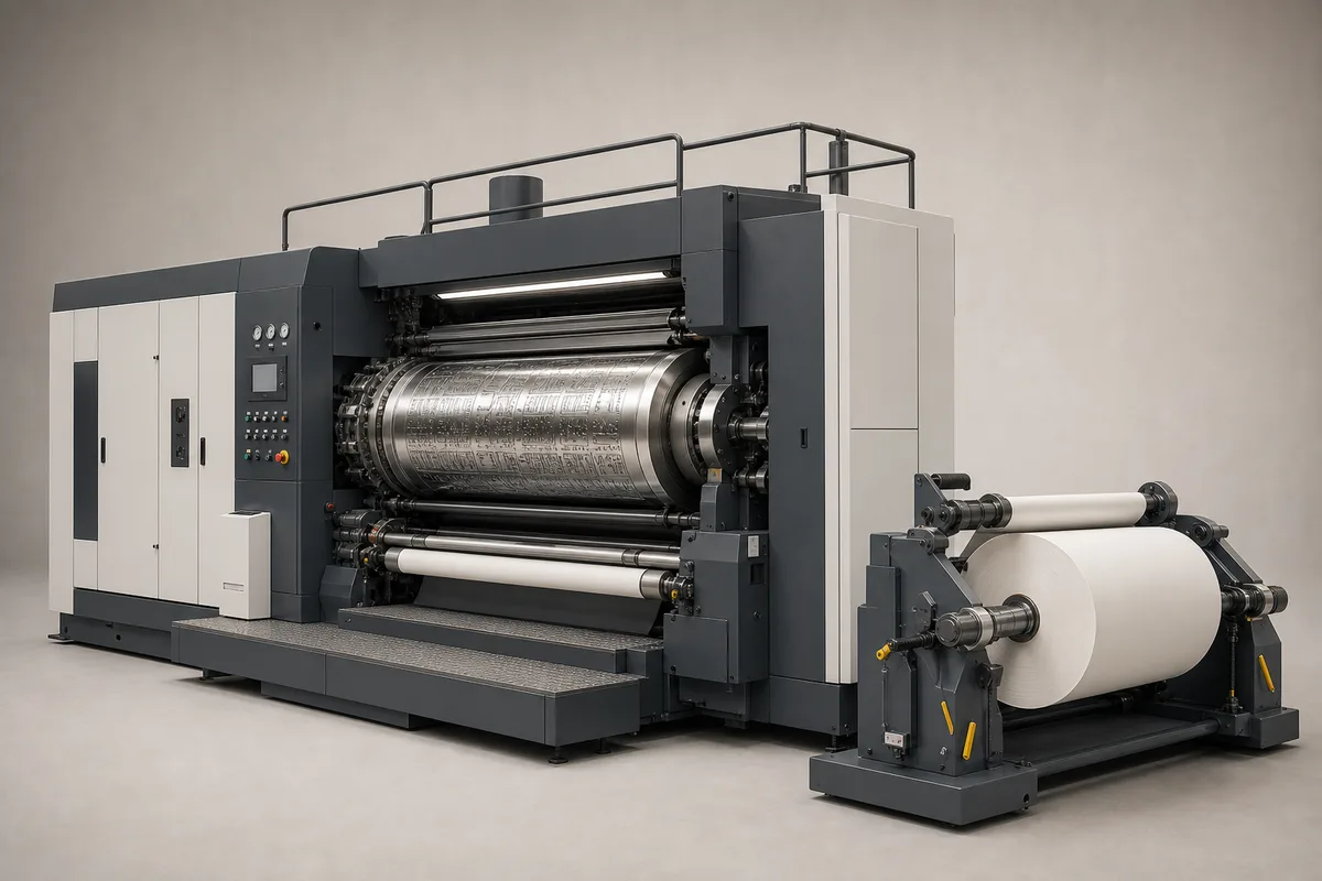 Rotogravure printing machine with engraved cylinder and paper roll