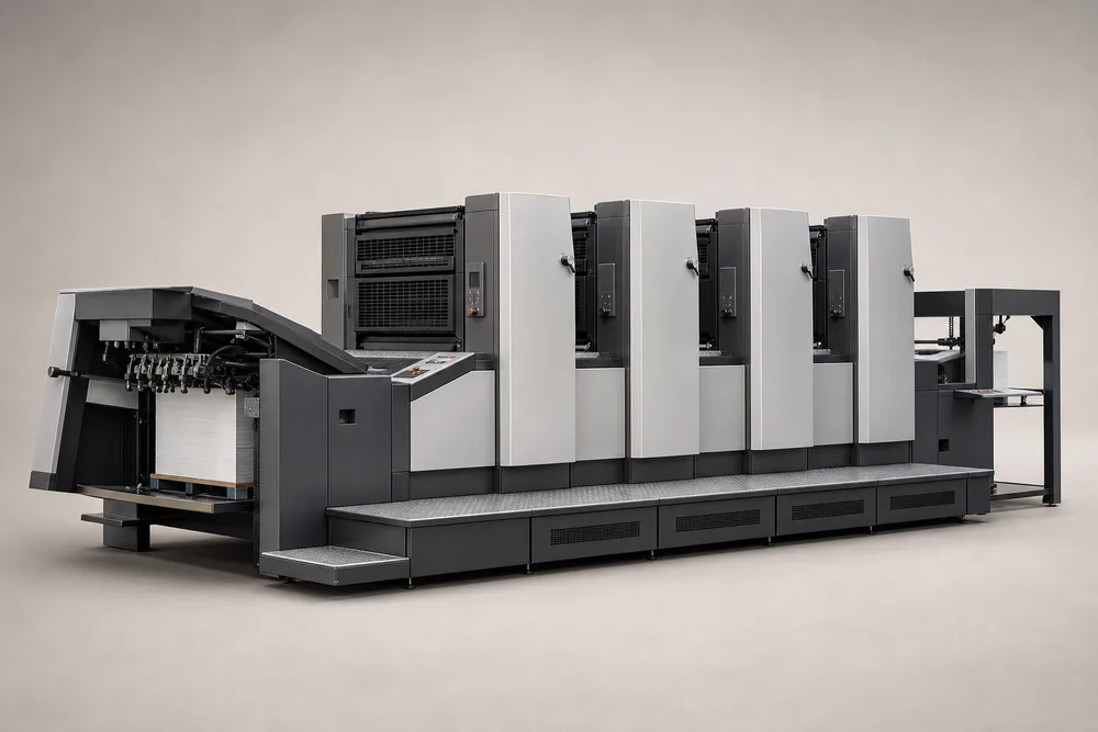 Sheet-fed offset printing press with four towers