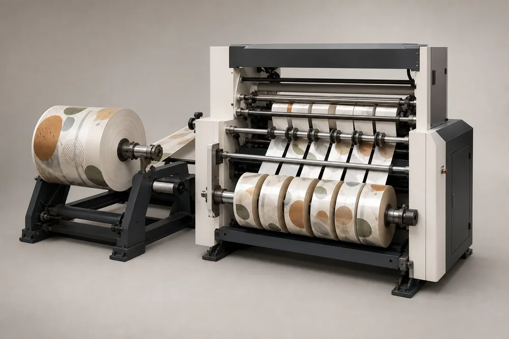 Slitting and rewinding machine slitting printed film roll