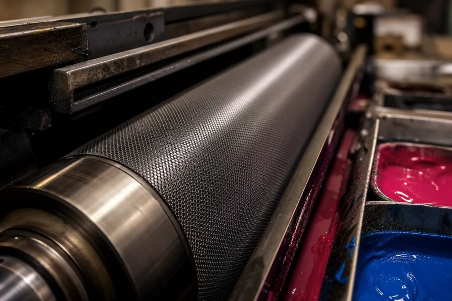 Anilox roller surface and ink chamber on a flexo press