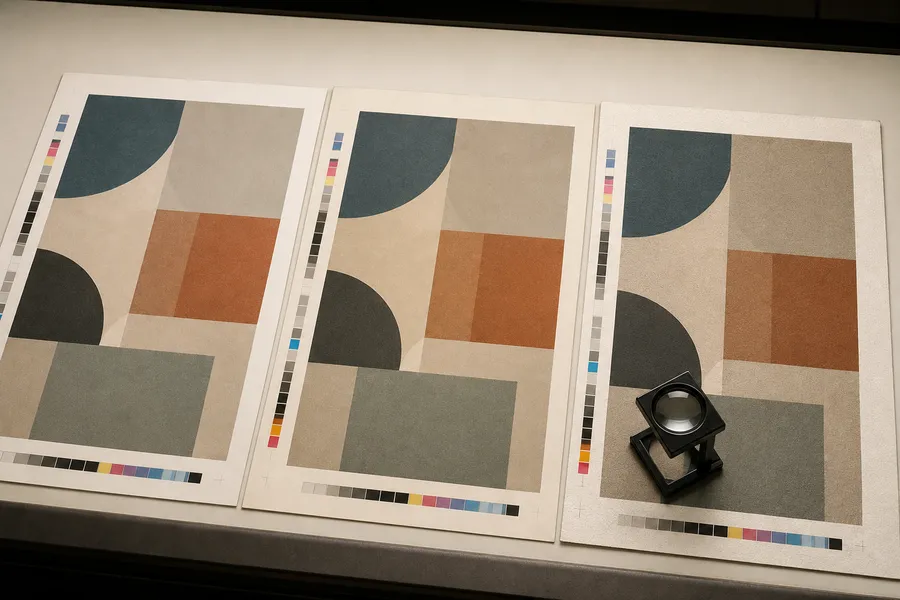 Printed sheets from flexo, gravure and offset compared on a table