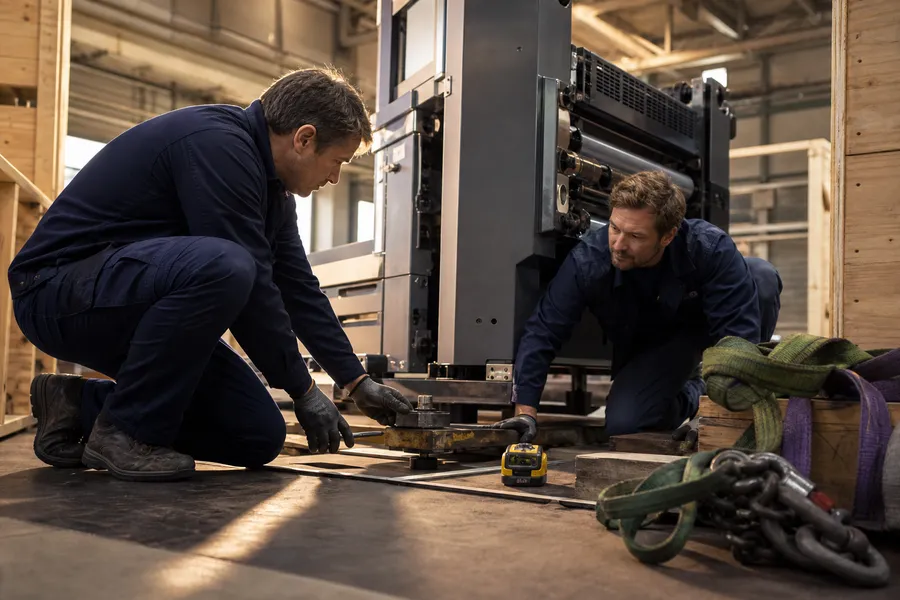 Engineers leveling a press during installation at a customer plant