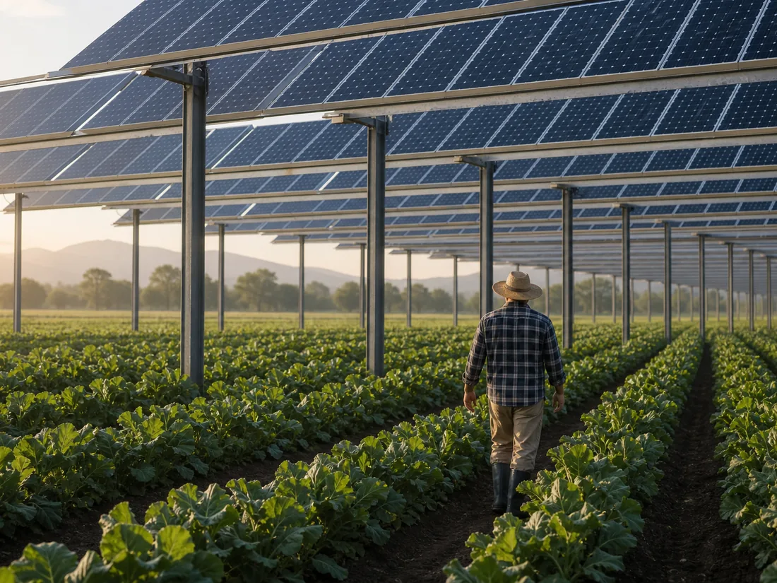 Elevated solar panels above crop rows in an agrivoltaic farm