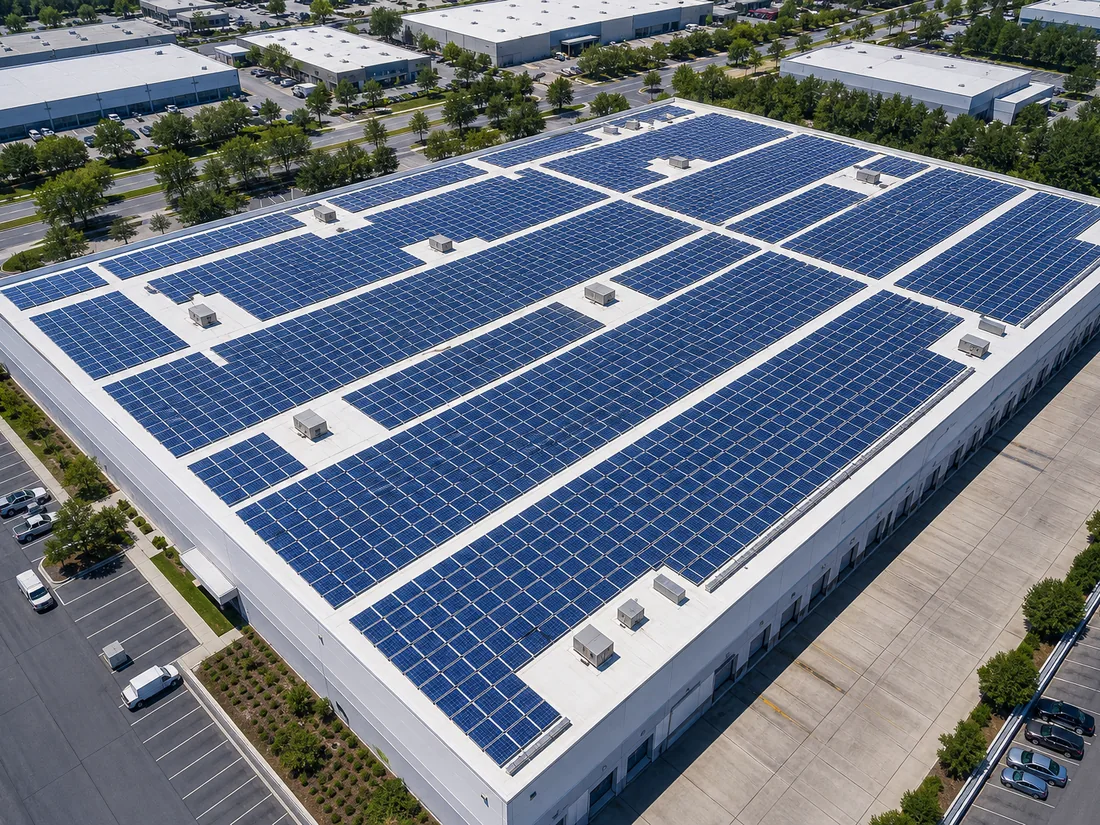 Commercial solar panels covering a warehouse flat roof