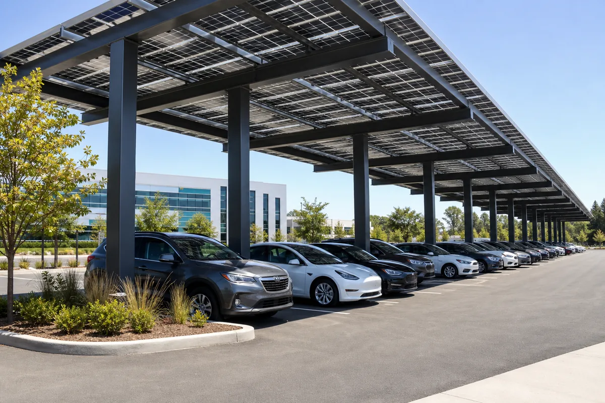 Solar carport canopy over a company parking lot