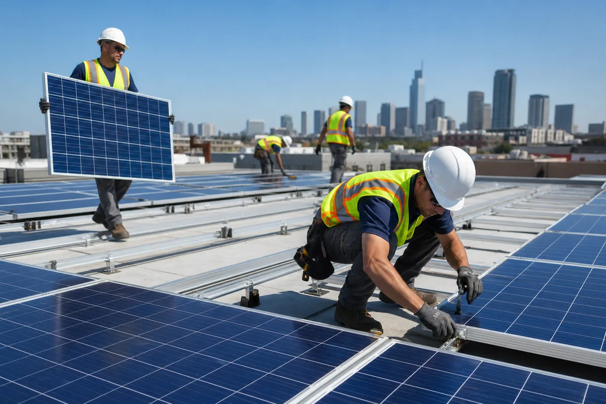 Installers mounting solar panels on a commercial flat roof