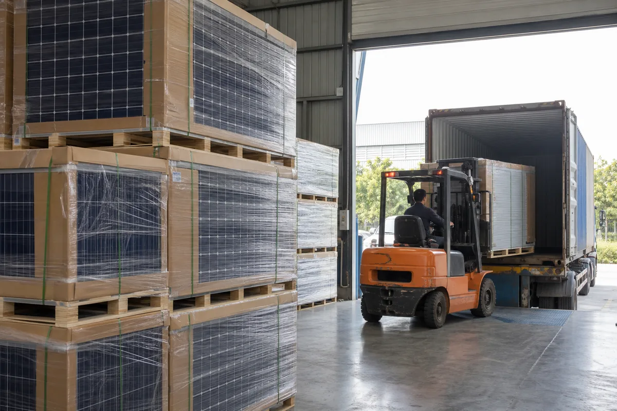 Packed solar panel pallets loaded into an export container