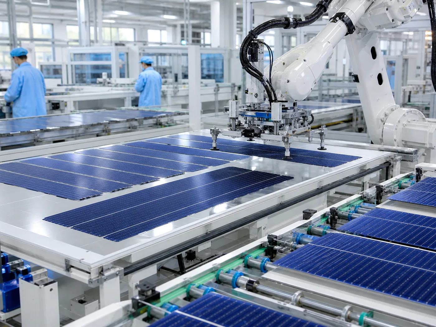 Automated solar panel production line with robotic cell layup