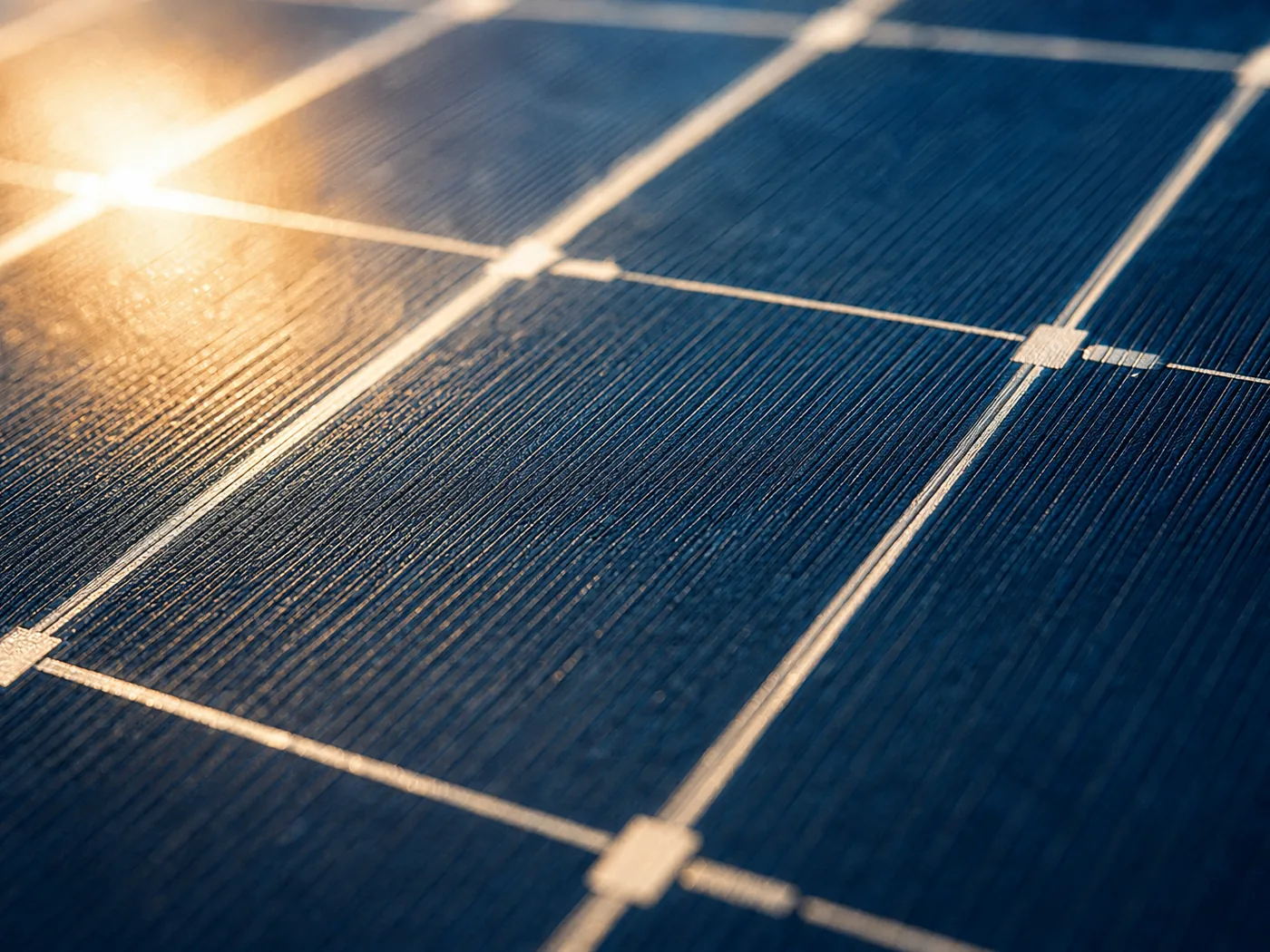 N-type TOPCon solar cell surface with busbar grid in warm sunlight