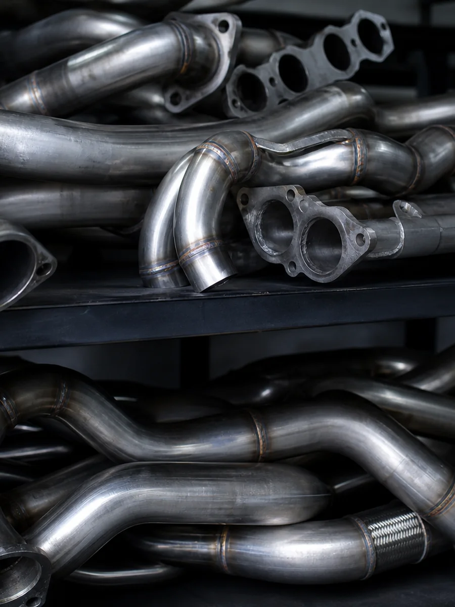 Mandrel bent stainless exhaust pipes stacked on a workshop rack