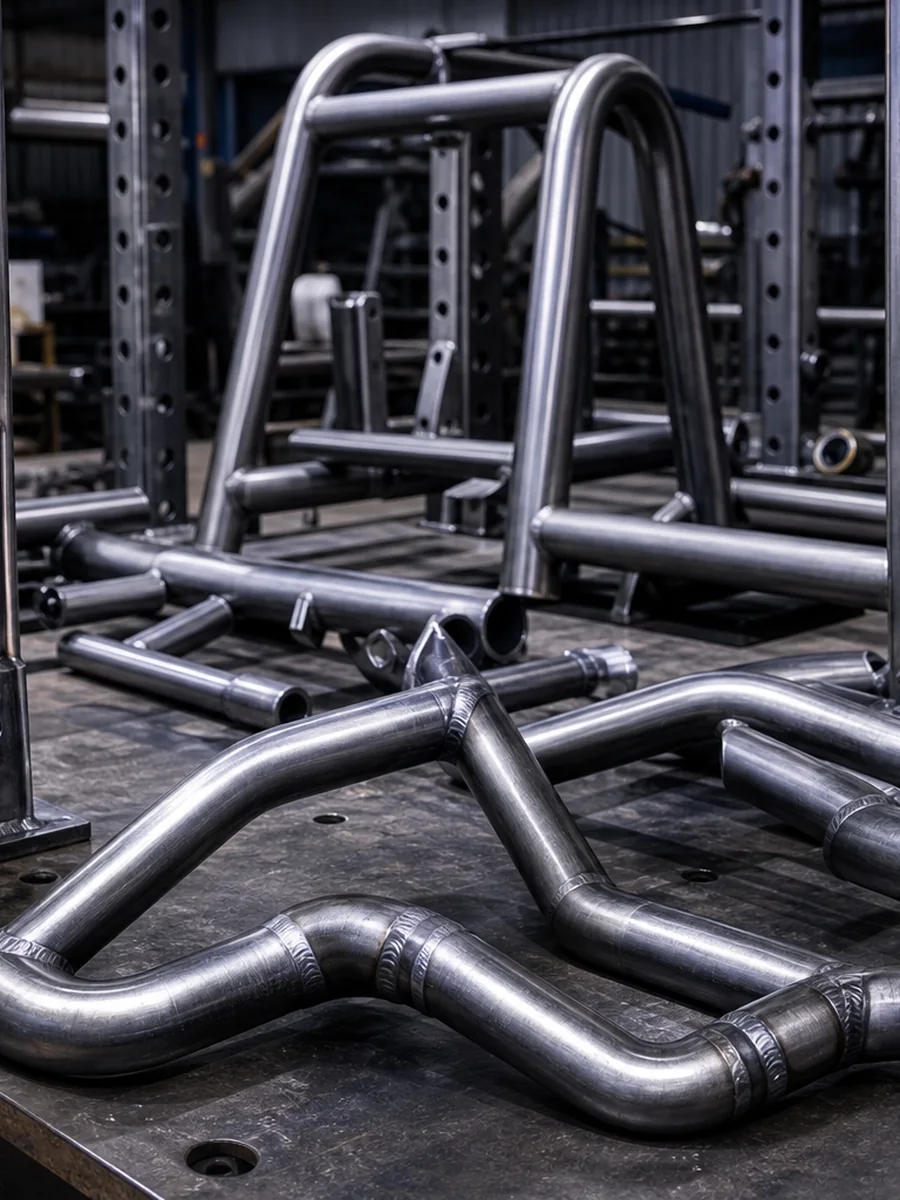 Welded bent tube gym equipment frames on a fabrication table