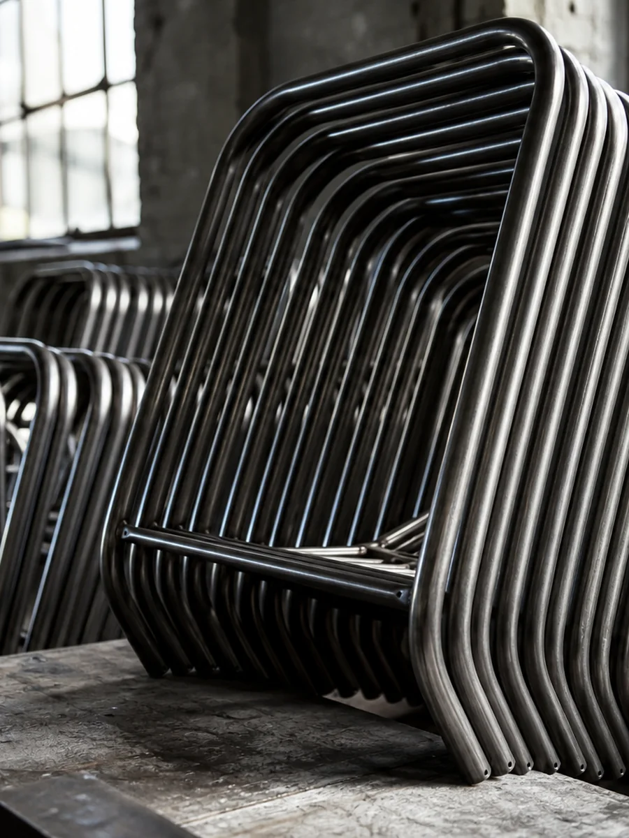 Curved steel tube chair frames stacked in a furniture workshop