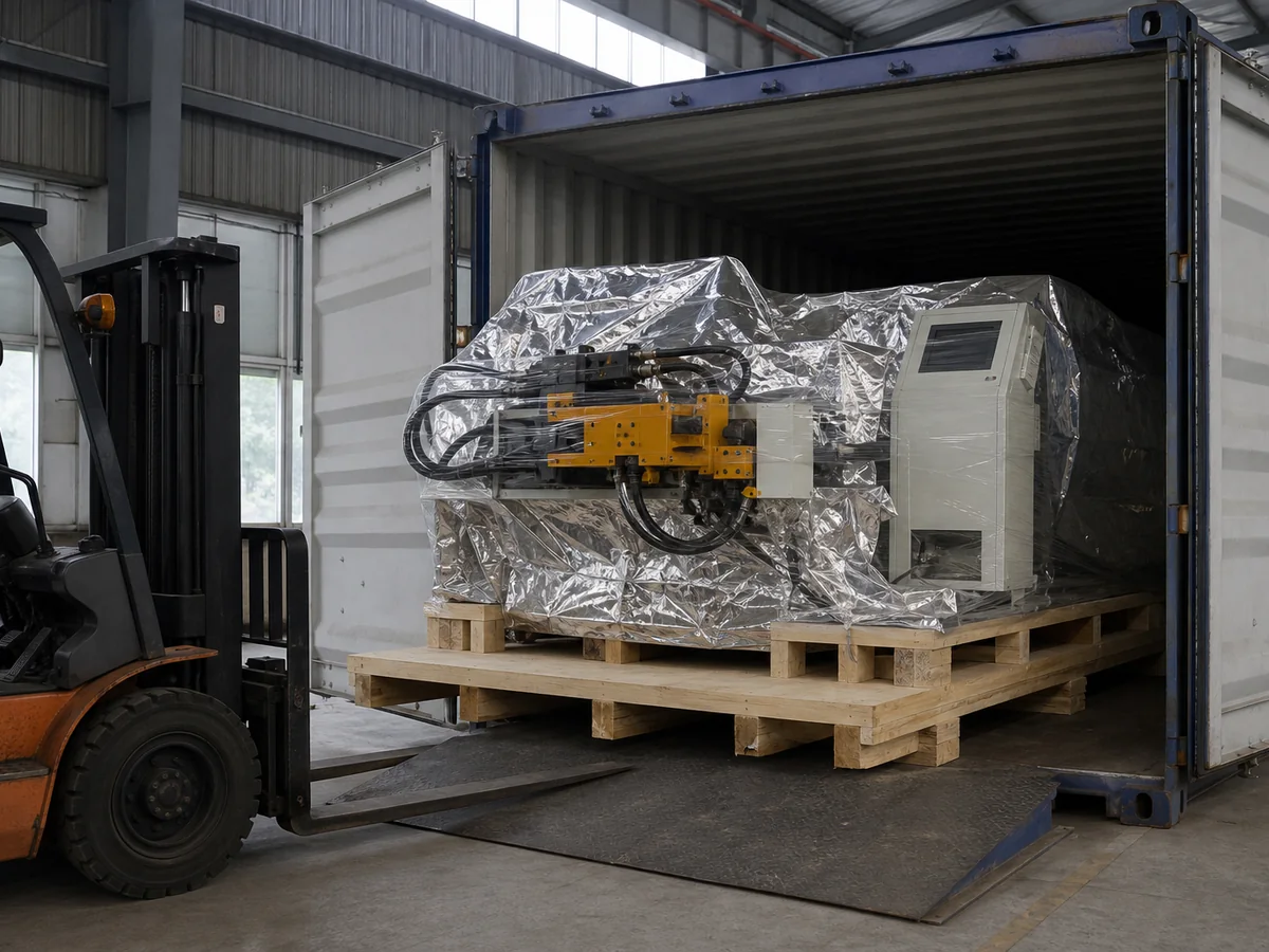 CNC tube bender crated in vacuum foil being loaded into a container