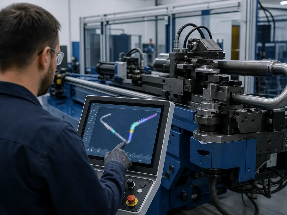 Operator programming a bend sequence on a CNC tube bender touchscreen