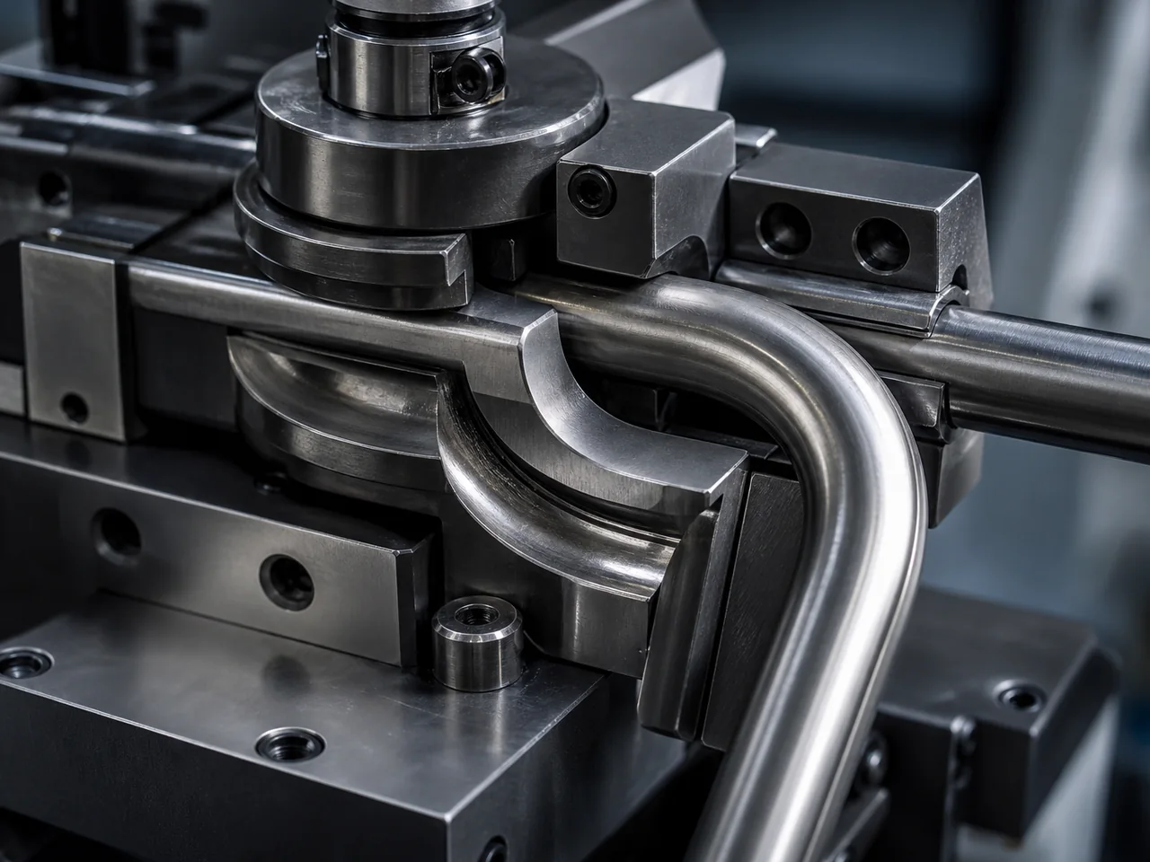 Chrome bend die and mandrel tooling holding a bent stainless tube