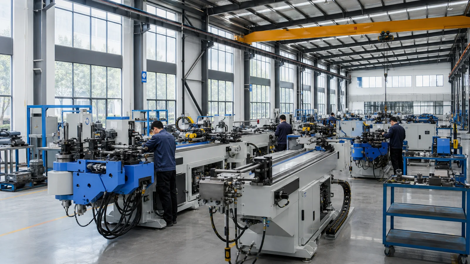 Tube bender assembly floor with machines in build stages