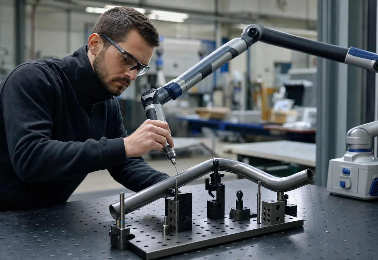 Engineer measuring a bent tube on a coordinate measuring arm