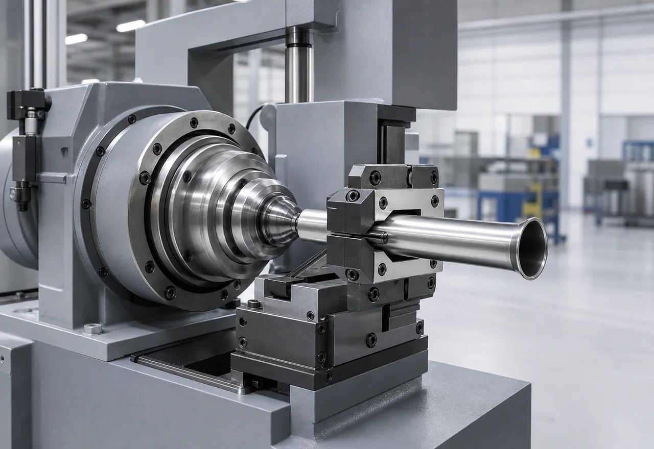 Tube end forming machine flaring the end of a stainless tube