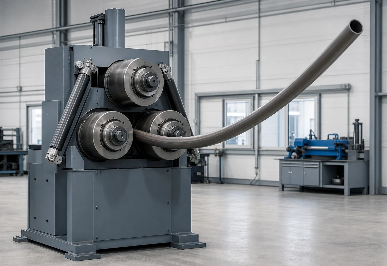 Section roll bending machine curving a steel tube into a wide arc