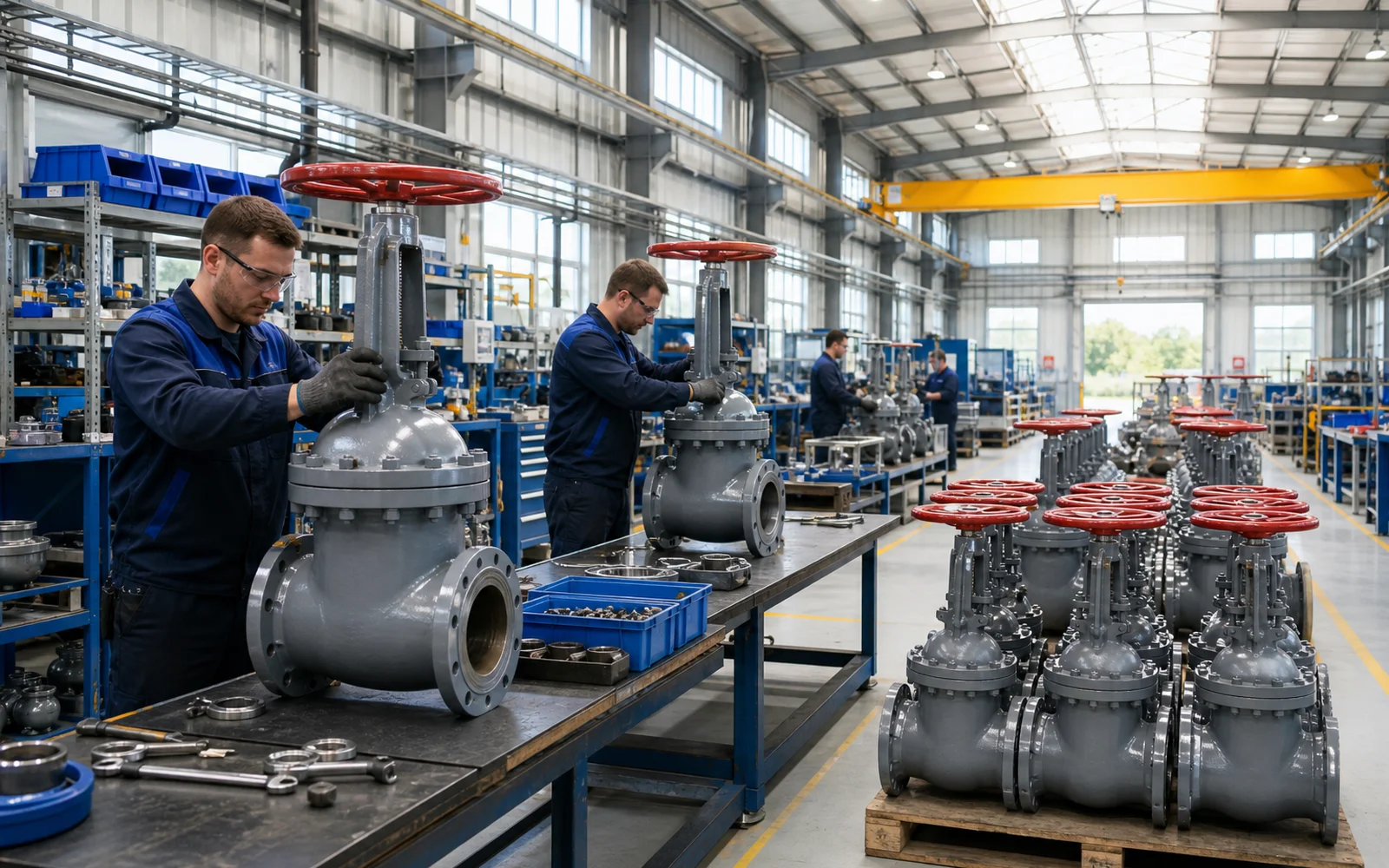 VALCAST assembly hall with finished gate valves ready for testing