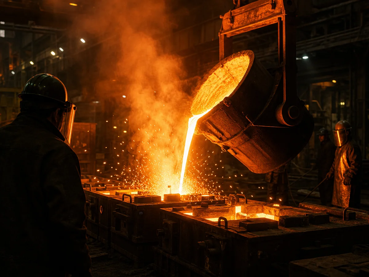 Molten steel poured into valve body sand molds in VALCAST foundry