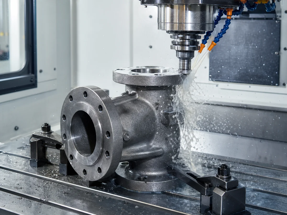 CNC machining center milling a valve body casting